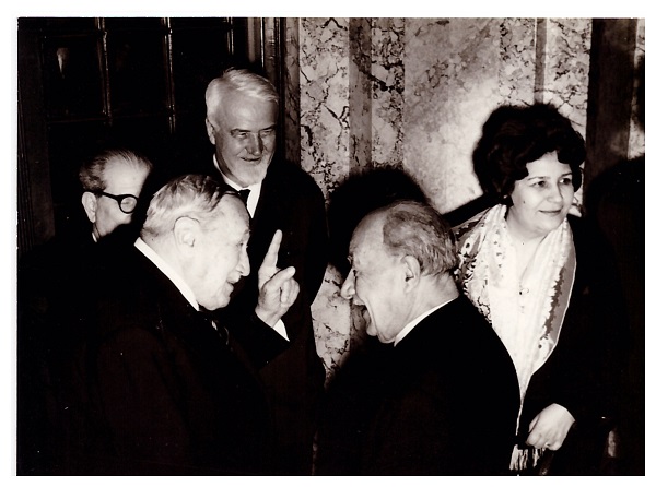 Pan Vizirescu, Parintele Dumitru Staniloae, Ion Petrovici si Nichifor Crainic la aniversarea sa de 80 de ani - 23 Decembrie 1969
